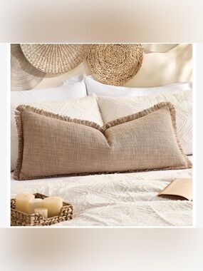 Decorative BOHO Lumbar Pillow Cover with Fringe 20x54” (1-count) Brown